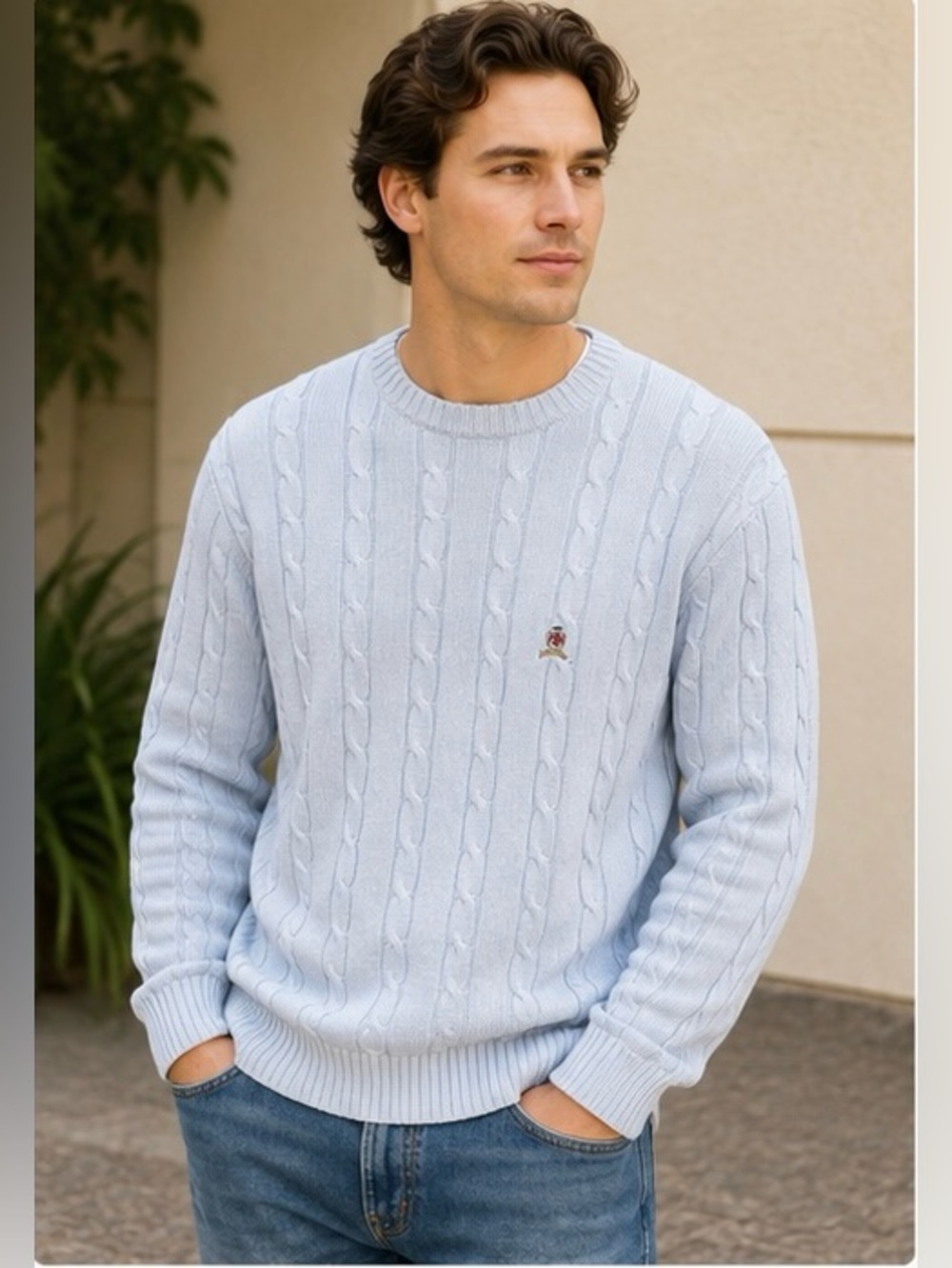 Tommy Hilfiger Men’s XXL Light Blue Cable Knit Cotton Sweater